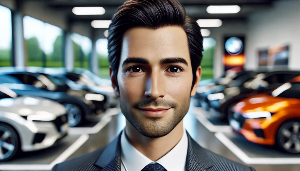 A professional, hyper-realistic close-up portrait of a satisfied business customer with lifelike facial details, including natural skin texture, well-groomed black hair, and black eyes. The individual is dressed in elegant professional attire, such as a modern suit, exuding confidence, trust, and satisfaction. The blurred background features sleek luxury cars with polished reflections in a high-end car rental setting, incorporating subtle branding tones of vibrant orange and blue. Soft, natural lighting enhances the realism of the scene, creating a clean, professional, and polished atmosphere ideal for a corporate setting or premium service advertisement.